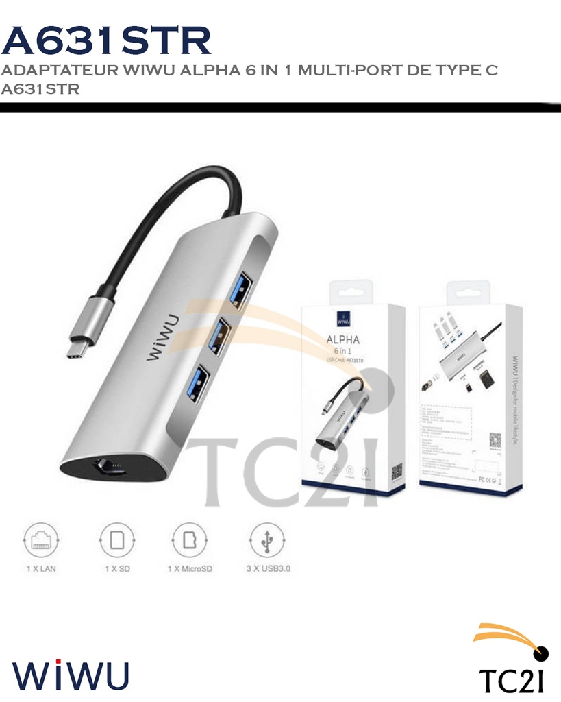 ADAPTATEUR WIWU ALPHA 6 IN 1 MULTI-PORT DE TYPE C A631STR