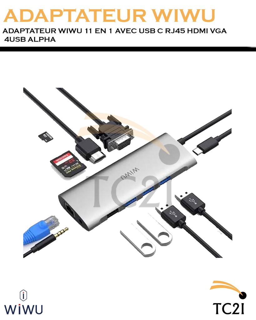 ADAPTATEUR WIWU 11 EN 1 AVEC USB C RJ45 HDMI VGA 4USB ALPHA