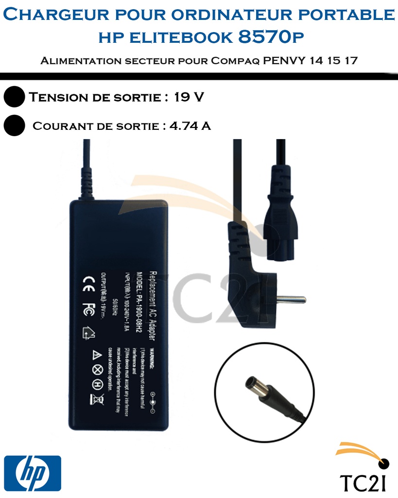 Chargeur batterie pour ordinateur 19.5v4.62